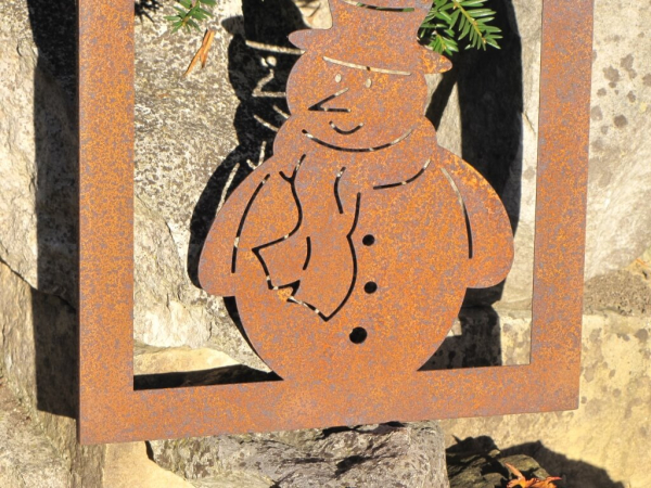Edelrost Fensterbild Schneemann mit Rahmen