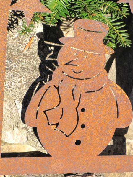 Edelrost Fensterbild Schneemann mit Rahmen