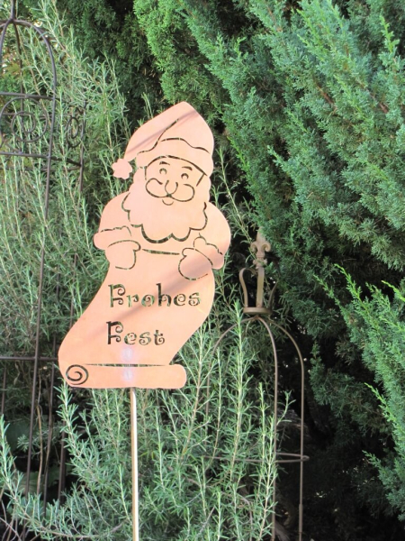 Gartenstab Nikolaus mit Schild Frohes Fest