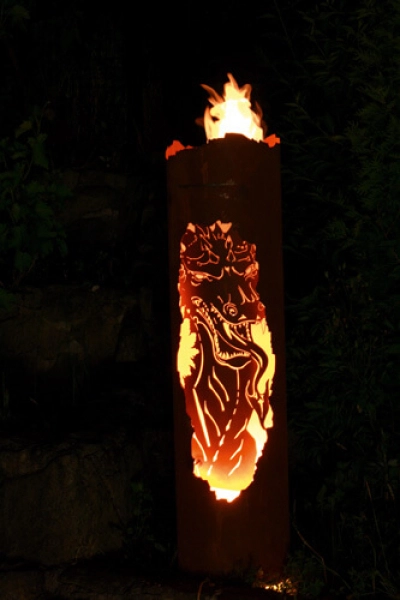 Edelrost Säule, Rostsäule rund mit Drachenmotiv