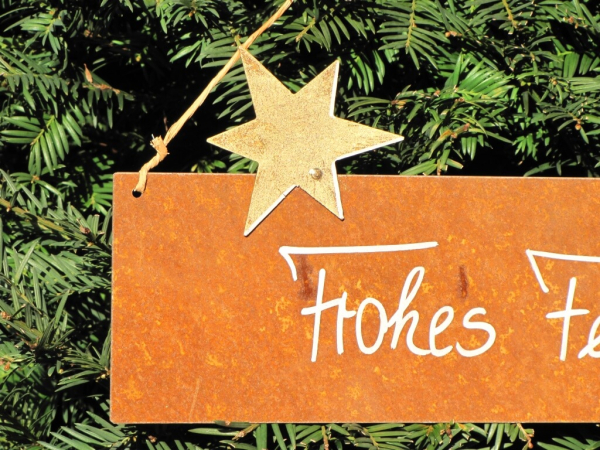 Edelrost Schild mit Stern Frohes Fest