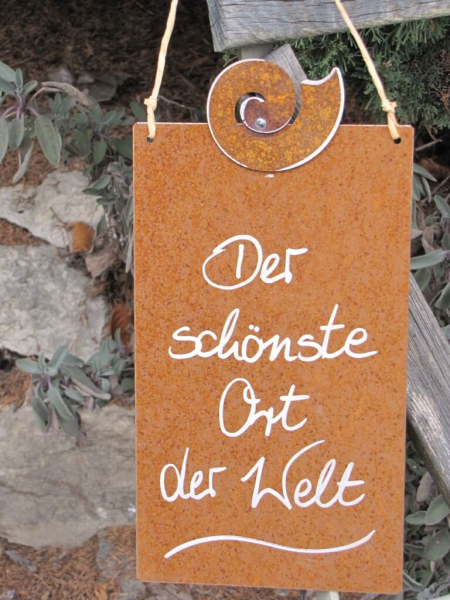 Edelrost Schild mit Schnecke "Der schönste Ort der Welt" Angels